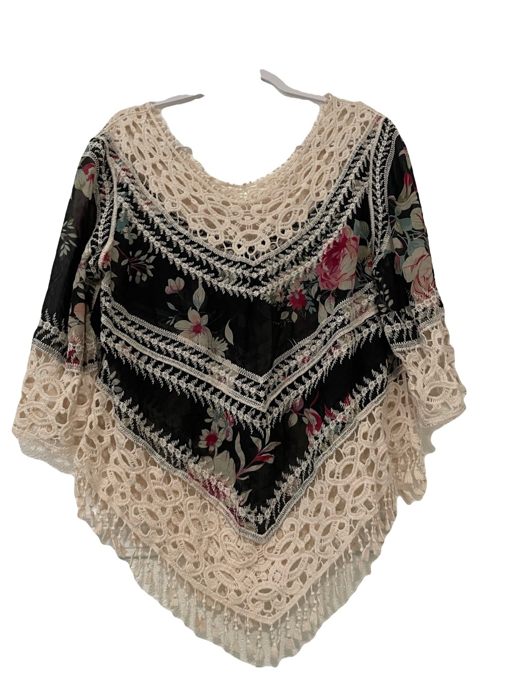 Lapis Black Floral Crochet-Trim top with Cream Lace
